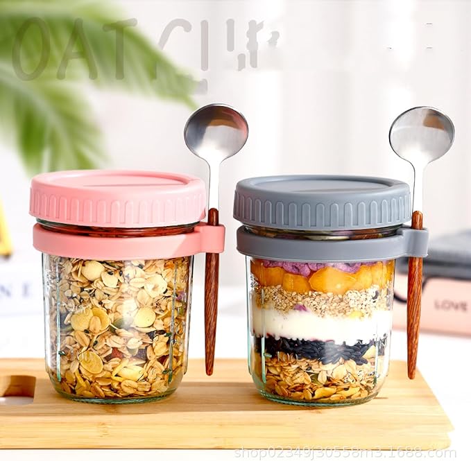 Oatmeal Mug Overnight Oatmeal Mug Breakfast Mug with Scoop Mason Mug Glass Salad jar Yogurt Mug with lid