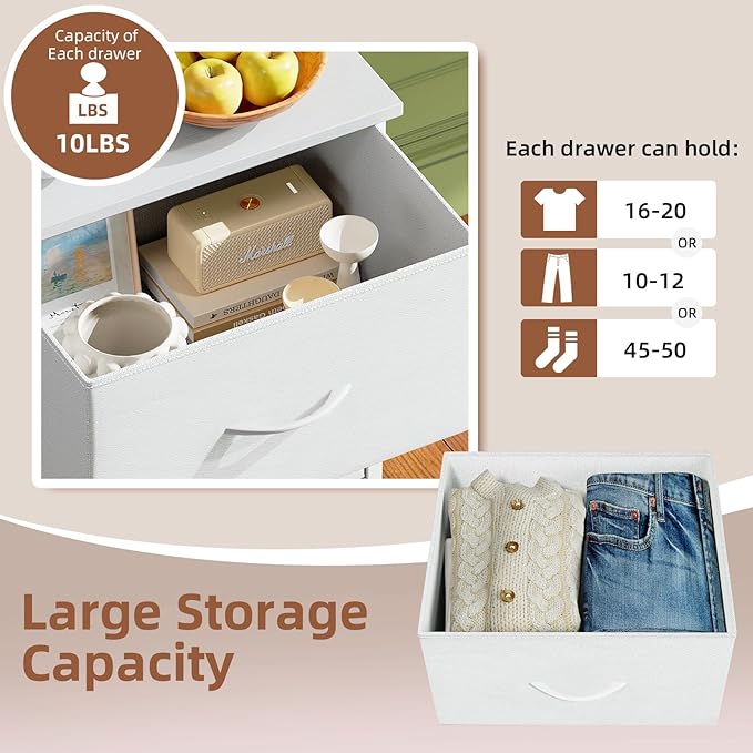 Somdot Tall Dresser for Bedroom with 4 Drawers, Storage Organizer Chest of Drawers with Removable Fabric Bins for Living Room Closet Bedside Nursery Laundry Entryway Hallway, White Leather