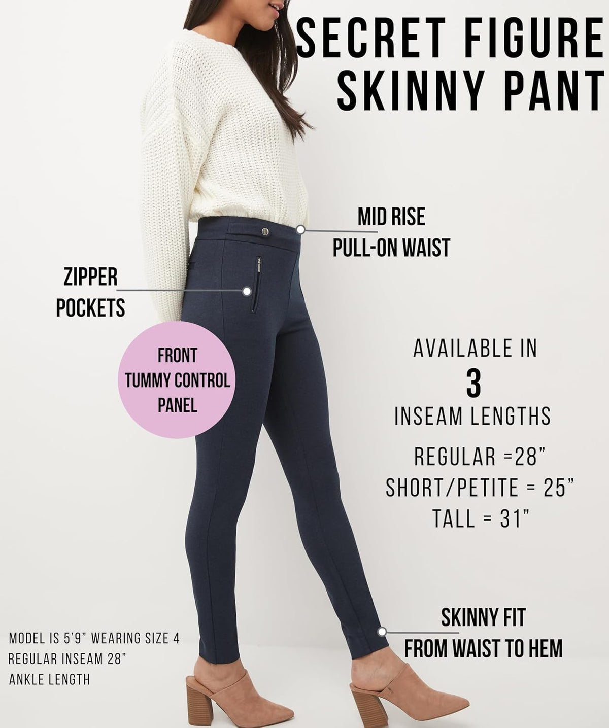 Size 6 Rekucci Womens Secret Figure Pull-On Stretchy Skinny Office Yoga Dress Pant in Regular/Tall/Petite Sizes