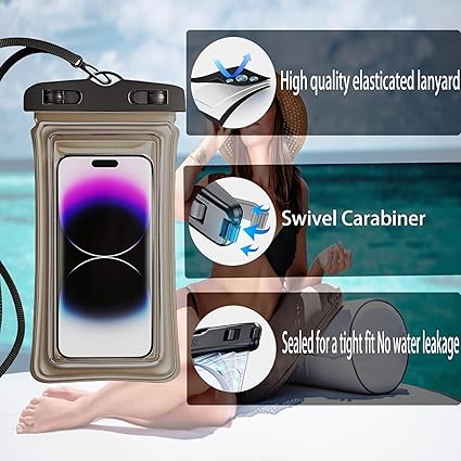 Waterproof Phone Case Small Pouch Beach Dry Bag with Cell Phone Hook Lanyard, Water Proof Phone Protector Gasbag Pouch, Underwater Snorkeling and Swimming Phone Airbag Clear Case (Black)