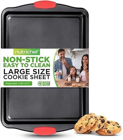 NutriChef Large Nonstick Cookie Sheet for Baking - 17" x 11" Carbon Steel Kitchen Oven Baking Pan, Premium Restaurant Grade Bakeware wRed Silicone Handles - Easy to Clean, Black