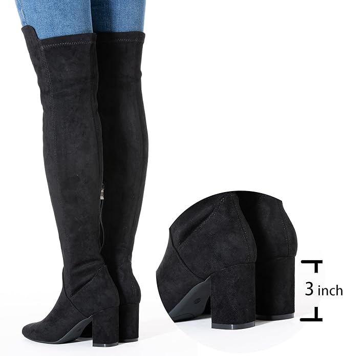 N.N.G Women Over the Knee Boots Thigh High Suede Black Block Low 2 Inch Heel Chunky Above Knee Winter Pointed toe