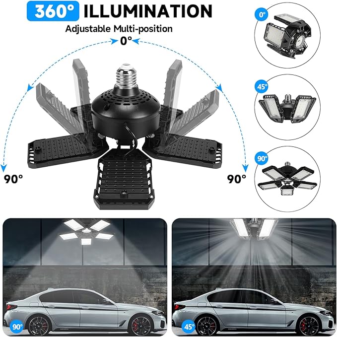 2-Pack LED Garage Lights - 160W, 16000LM 6500K with 51 Deformable Panels, Indoor Shop Light, E26E27 for Garage, Warehouse, Shop, Basement