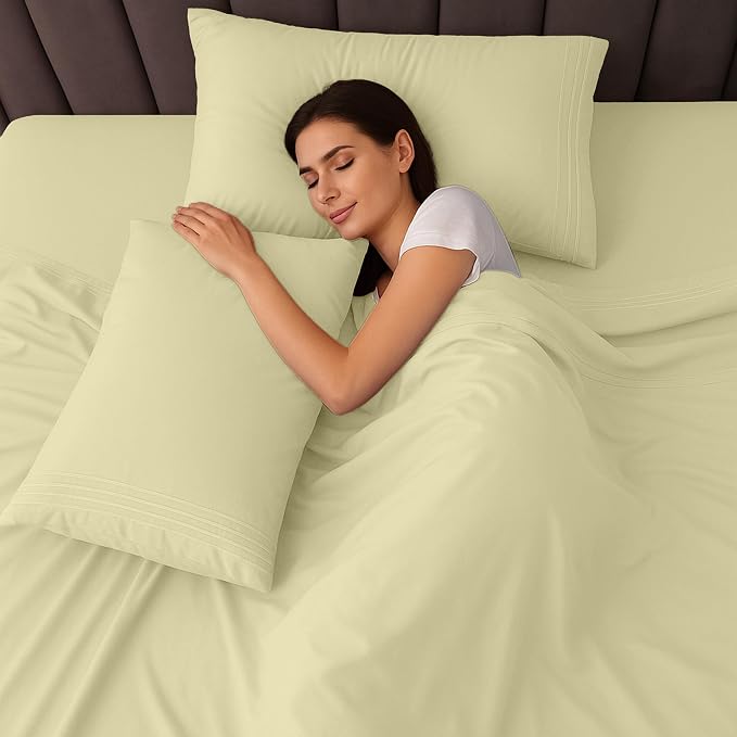 LUX Décor Queen Sheet Set - 4 Piece Ultra-Soft Microfiber Bed Sheets with Flat Sheet, 16 Inches Deep Pocket Fitted Sheet & Pillowcases, Cooling & Breathable, Hotel Luxury, Oeko-TEX - Beige