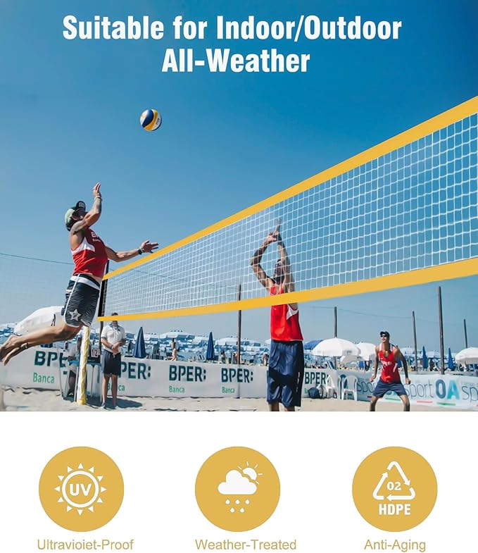 Professional Volleyball Net Heavy Duty, 46 FT Aircraft Steel Cable, Upgraded Weather Resistant, Portable for Outdoor & Indoor, Pool, Trees, Backyard, Yard, Beach, Park, 32x3FT(Net Only)