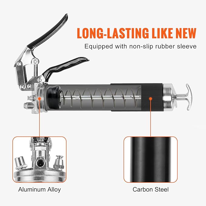 VEVOR Grease Gun, 6000 PSI Heavy Duty Pistol Grip Grease Gun, Grease Gun Kit with 14 oz Load, 17.72 Inch Flexible Hose, 1 Flat Couplers, 1 Pointed Coupler, and 1 Bent Metal Pipe