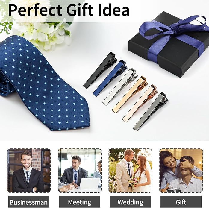 6 Pcs Tie Clips for Men, 6 Classic Colors Shiny & Glossy Tie Bar, Ideal for Father, Husband, Boyfriend, Business, Wedding, Tie Pins with Gift Box