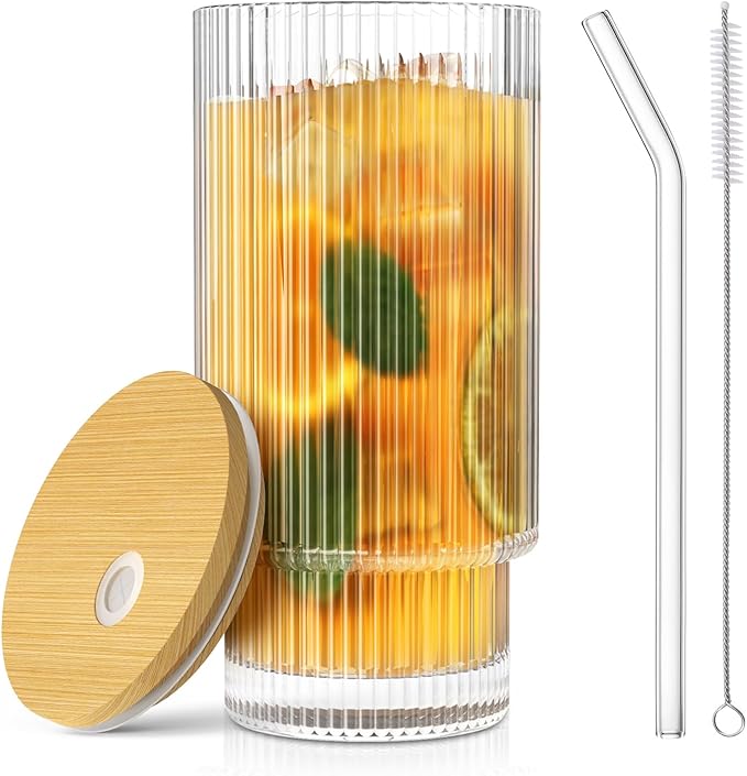 16 oz glass cup with lid and straw, vintage ribbed glassware for whiskey, cocktail, beer, iced coffee cups with lid, glass cup with straw and lid (pack of 1)