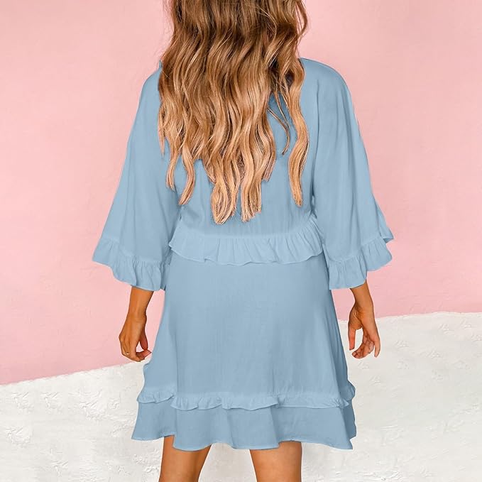 Womens 2024 Summer V-Neck Ruffle Loose Short Sleeve Mini Dress A Line Swing Mini Beach Vacation Sundress