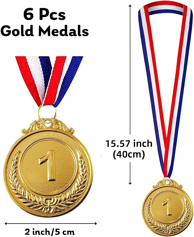 Jauisus 6 Pcs Gold Medals for Awards, 1st Place Metal Award Medals Olympic Style Winner Awards for Sports, Party, Tournaments, Prizes, Competitions, 2 Inches