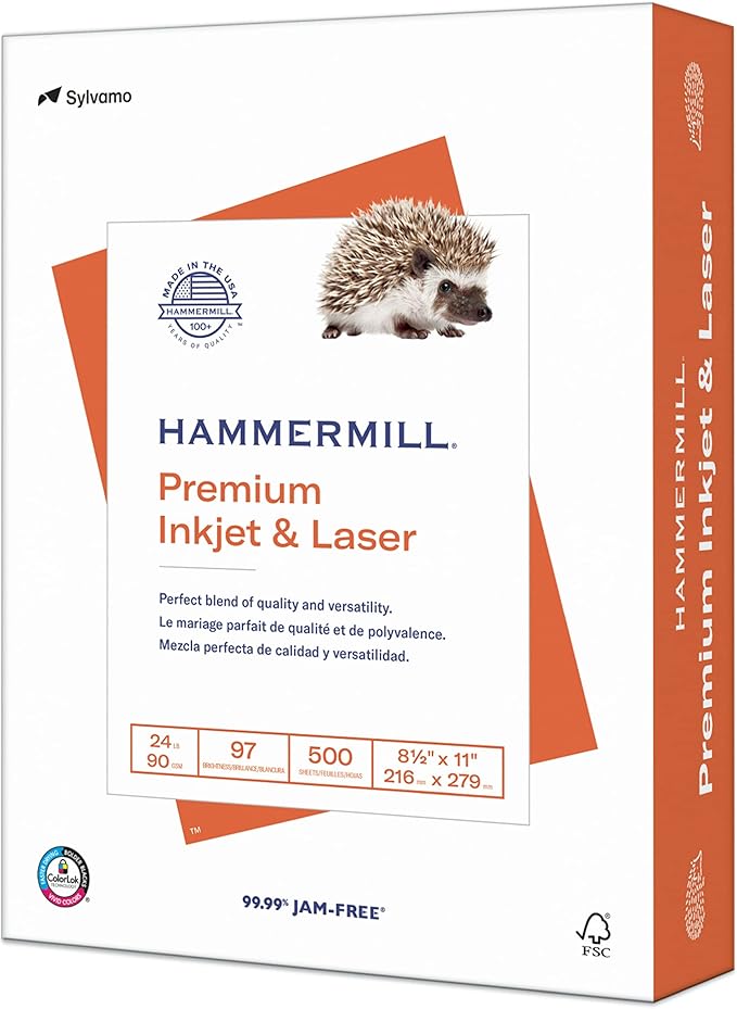 Hammermill Printer Paper, Premium Inkjet Laser Paper 24 Lb, 8.5 x 11 - 1 Ream (500 Sheets) - 97 Bright, Made in the USA, 166140R