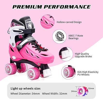 METROLLER Roller Skates for Girls Ages 5-8 8-12 and Boys Teens, Adjustable 4 Sizes for Kids Toddler Rollerskates with Light up Wheels, for Youth Women and Men
