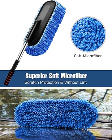 Car Duster, Extendable Long Handle Microfiber Car Duster Exterior Scratch Free Car Cleaning Tool, Car Dust Brush for Truck, SUV, RV, Motorcycle and Home Cleaning (Blue)
