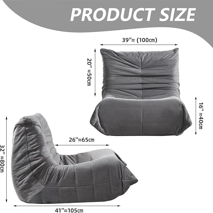 Modern Living Room, Adult Bean Bag Floor Sofa, Super Soft and Comfortable Memory Foam Lazy Sofa, Togo Recliner Furniture, Suitable for Balcony Bedroom Fireside Chair(Light Gray)