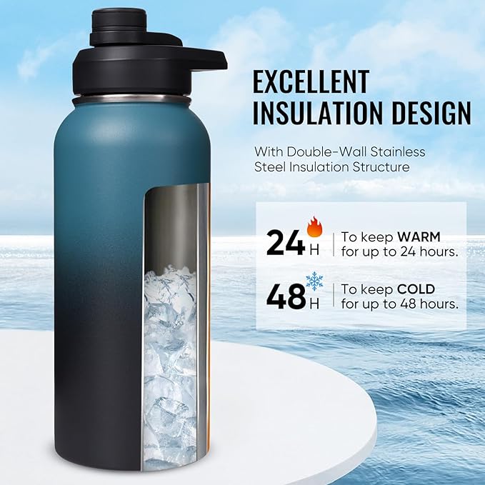 32oz Insulated Water Bottle with Handle, 304 Stainless Steel Water Bottles with Wide Mouth, Double Wall Vacuum Sports Water Bottle, BPA Free, Keep Cold and Hot, BlueBlack