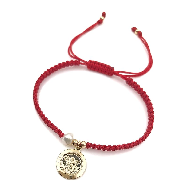 Handwoven Red Thread with Saint Michael Archangel Medal and Cultured Fresh Water Pearl - Catholic Protection Bracelet Adjustable Size for Women