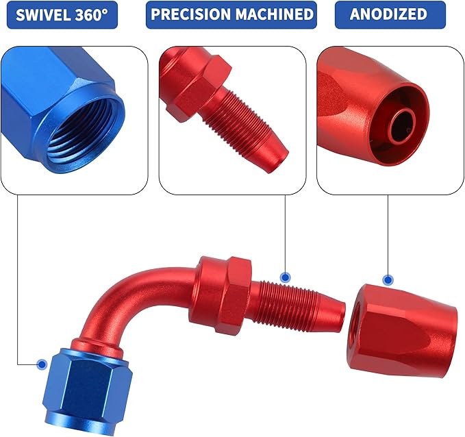 TOMALL 6AN 90 degree Hose End Fitting Swivel Aluminum 2PCS for Braided Fuel Oil Gas Line Hose End (RedBlue)