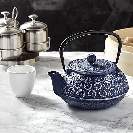Japanese Cast Iron Teapot with Infuser for Loose Leaf and Tea Bags, Kettle Includes Handle and Removable Lid (Blue, 34oz)