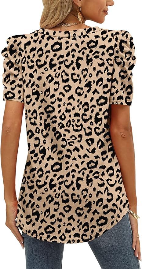 XIEERDUO Womens Summer Shirt V Neck Casual Tshirts Puff Sleeve Tops for Women Solid Color XS-3XL