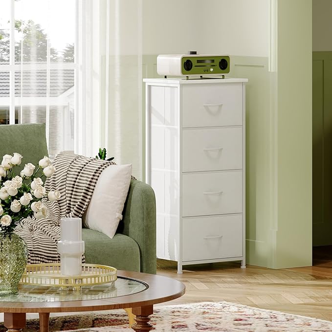Somdot Tall Dresser for Bedroom with 4 Drawers, Storage Organizer Chest of Drawers with Removable Fabric Bins for Living Room Closet Bedside Nursery Laundry Entryway Hallway, White Leather