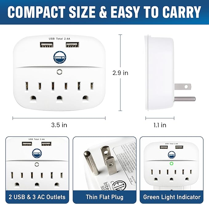 Cruise Approved Power Strip - Non Surge Protector for Cruise Ship with 2 USB Outlets - Cruise Ship Essentials 2024 for Carnival, Princess, Norwegian, Holland America, MSC Major Cruise Lines (White)