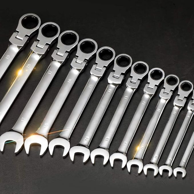 FLZOSPER 12-Piece Flexible Head Ratcheting Wrench Set,Metric Combination Spanner Kit, 8-19mm Chrome Vanadium Steel Ratchet Wrench Set with Portable Suspended Toolbox
