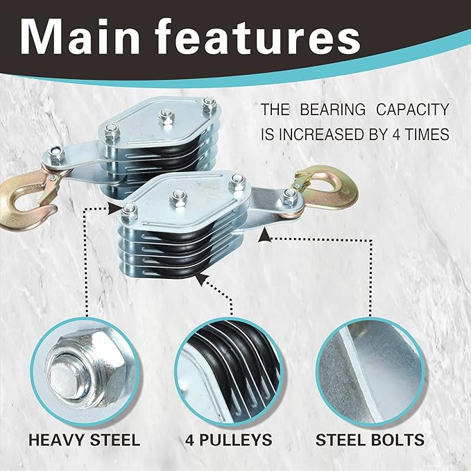 Block and Tackle System 4000LB Breaking Strength 65 Feet 38" Rope Hoist Pulley 8:1 Ratio Lifting Power for Lifting Heavy Objects (4 Pulley-Black)