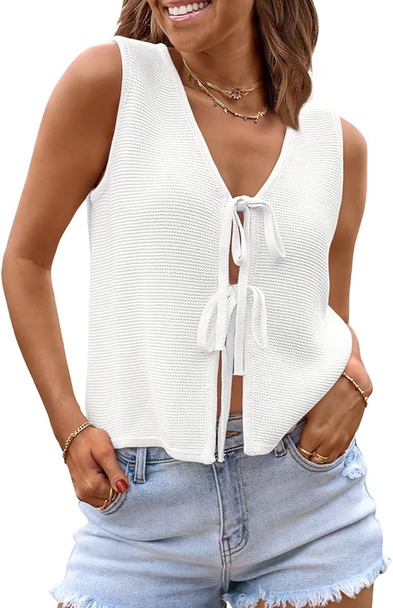 LILLUSORY Womens Crochet Tops Ladies Summer Vacation Outfits Beach Fashion Tank Y2K 2025 Cute Clothes Tie Front Sweater Vest