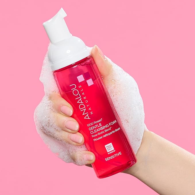 Andalou Naturals 1000 ROSES Gentle Cleansing Foam Face Wash, Hydrating Foaming Facial Cleanser with Rosewater Aloe for Women Men, Non Toxic, Vegan