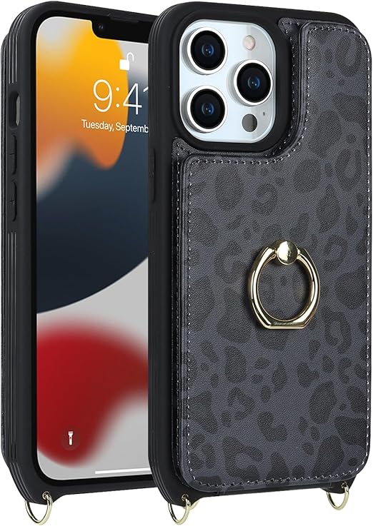 for iPhone 13 Pro Max/iPhone 12 Pro Max Case with Card Holder for Women,Crossbody Strap Lanyard,Credit Card Holder,Ring Stand,Snap Clasp,Cute Wallet Case 6.7 inch (Black Leopard)