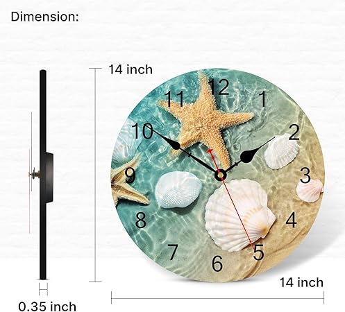 TAHEAT Marine Seashell Starfish Wall Clock, Silent Non Ticking Decorative Clocks, Battery Operated Easy to Read Wall Clock for Home Office School, 14 Inch