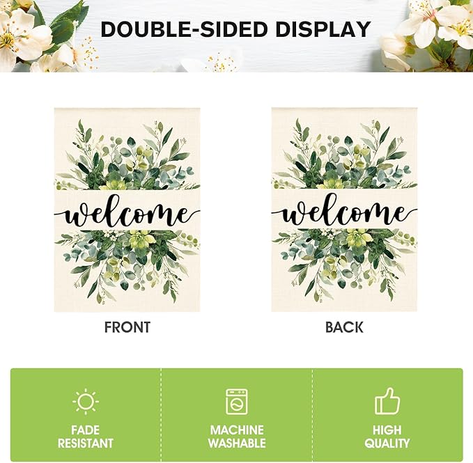 AVOIN colorlife Spring Summer Floral Welcome House Flag 28x40 Inch Double Sided Outside, Eucalyptus Seasonal Farmhouse Yard Outdoor Flag