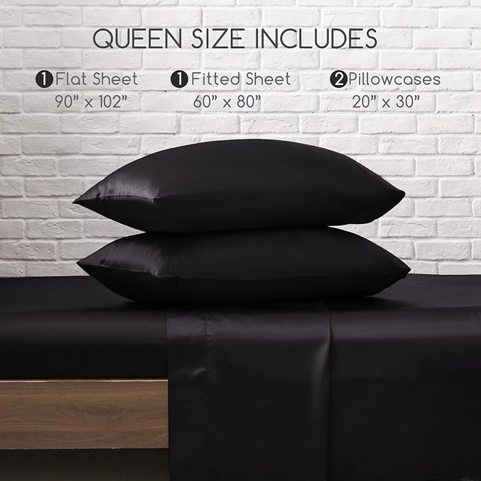 MRHM Satin Bed Sheets, Queen Size Sheets Set, 4 Pcs Silky Bedding Set with 15 Inches Deep Pocket for Mattress (Queen, Black)