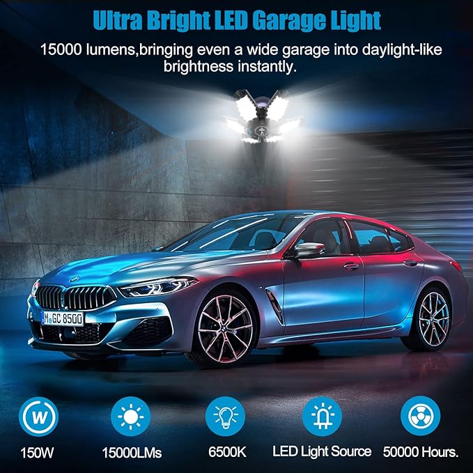 2 Pack Motion Sensor Garage Light, Total 30000LM Deformable Garage Lighting, 150W Garage Light LED Ceiling with Motion, Ultra Bright Garage Lights Motion Activated LED Shop Light for Attic, Basement