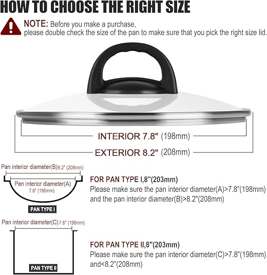 Tempered Glass Pan Lid, 8" Pot Lid with Heat Resistant Handle, Pan Cover for Frying Pan, Skillet, Cast Iron, Wok, Universal Cookware