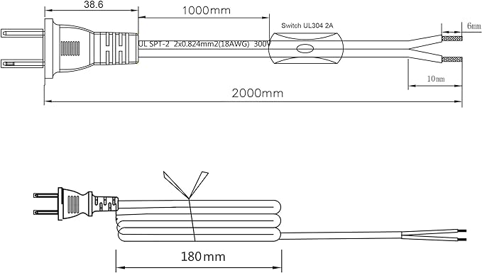 Lamp Cord has Button Switch UL304 2A/120V,Plug,Stripped Ends Ready for Wiring 18 AWG SPT-2, White (6FT)