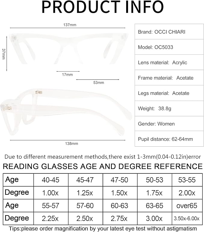 OCCI CHIARI Reading Glasses for Women Cat Eye Fashion Reader 0 1.0 1.25 1.5 1.75 2.0 2.25 2.5 2.75 3.0 3.5 4.0 5.0 6.0 (Transparente, 2.50)