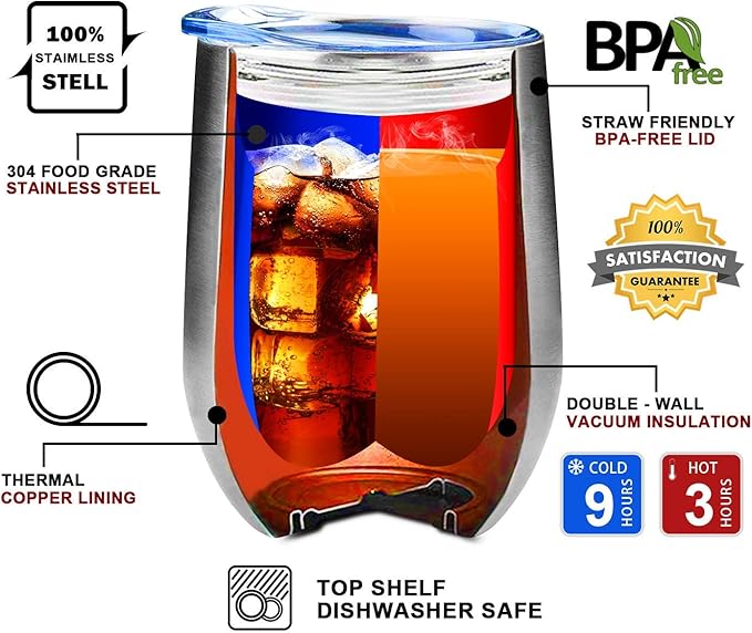 12 oz Stainless Steel Wine Tumbler Stemless Glasses with Lid, Double Wall Insulated Travel Mug Perfect for Wine, Coffee, Drinks, Champagne, Cocktails (Stainless Steel)