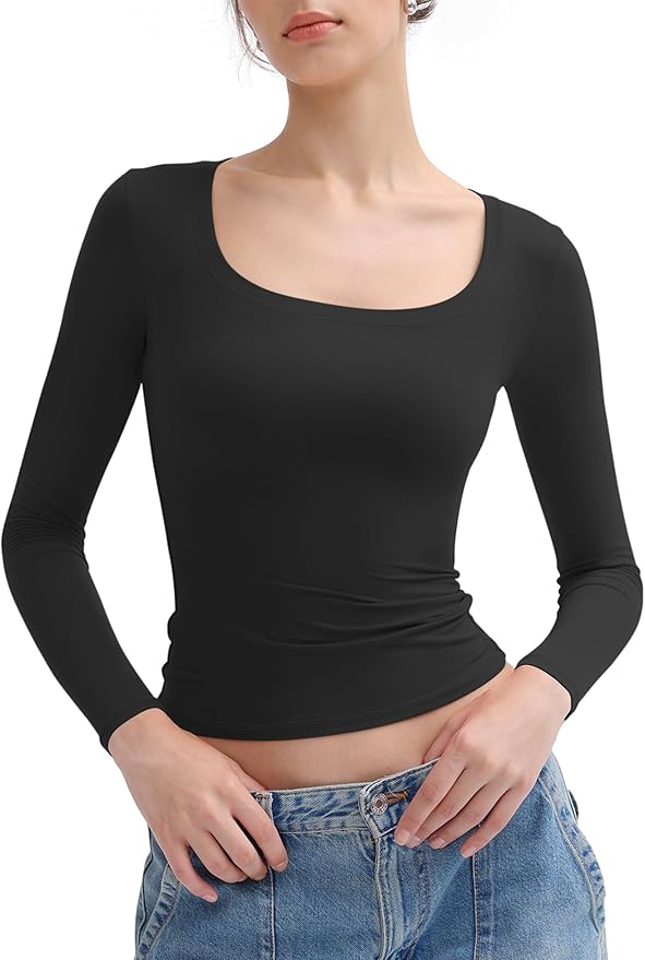 PUMIEY Women's Long Sleeve T Shirts Scoop Neck Slim Fit Going Out Tops Double Lined Basic Tee Smoke Cloud Collection