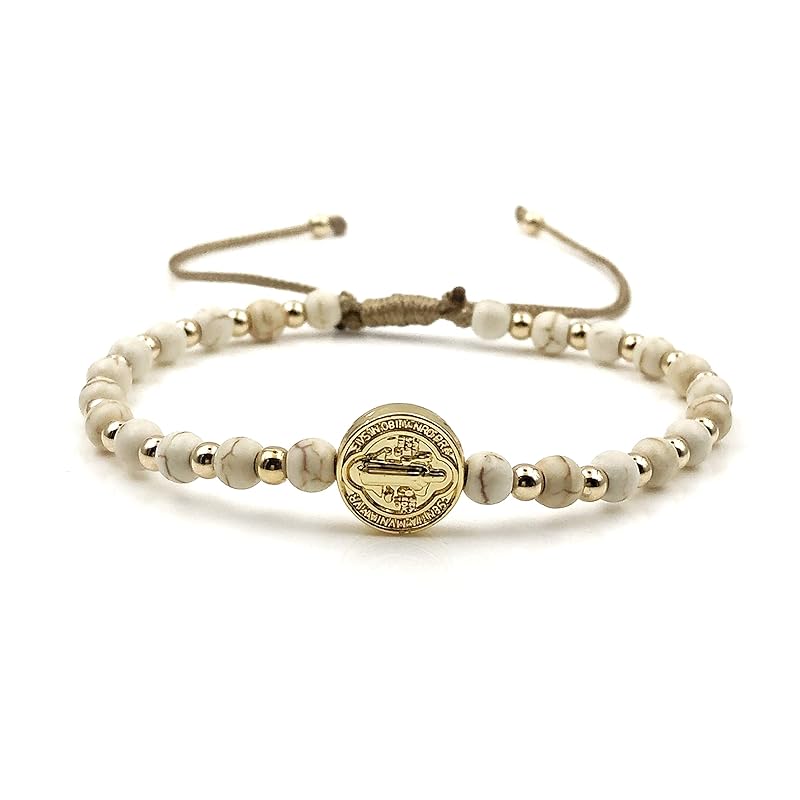 St Benedict Coin and Natural Round White Turquoise Beads Adjustable Bracelet for Women (Beige)