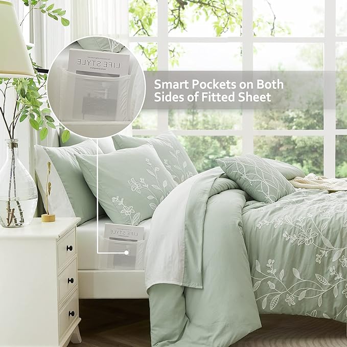 MaiRTMve Queen Size Comforter Sets, Embroidery Queen Bedding Sets 7 Pieces, Sage Green Comforter Set Queen Size, All Season Bed in A Bag Queen with Sheets, Comforter,Pillowcase Shams