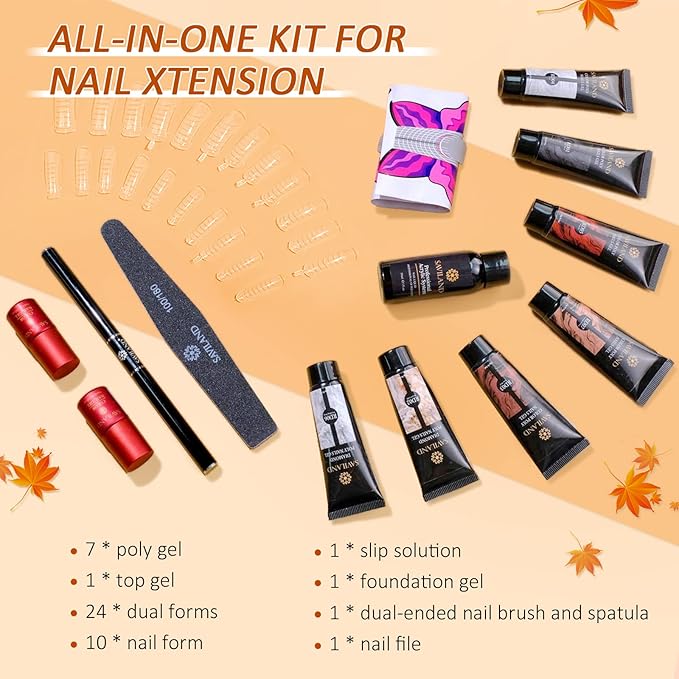 Saviland Poly Gel Nail Kit - 7 Colors with Glitter Red Black, DIY Nail Extension Gel, Slip Solution Tools for Starter, Party, Home Beauty Gift