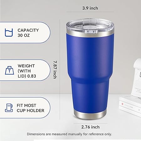 30 oz Tumbler with Lid Stainless Steel Tumblers Vacuum Insulated Cup Reusable Powder Coated Travel Mug Double Wall Leak Proof Portable Cups Keep Cold Drinks for 12 Hours, Blue, 1 Pack