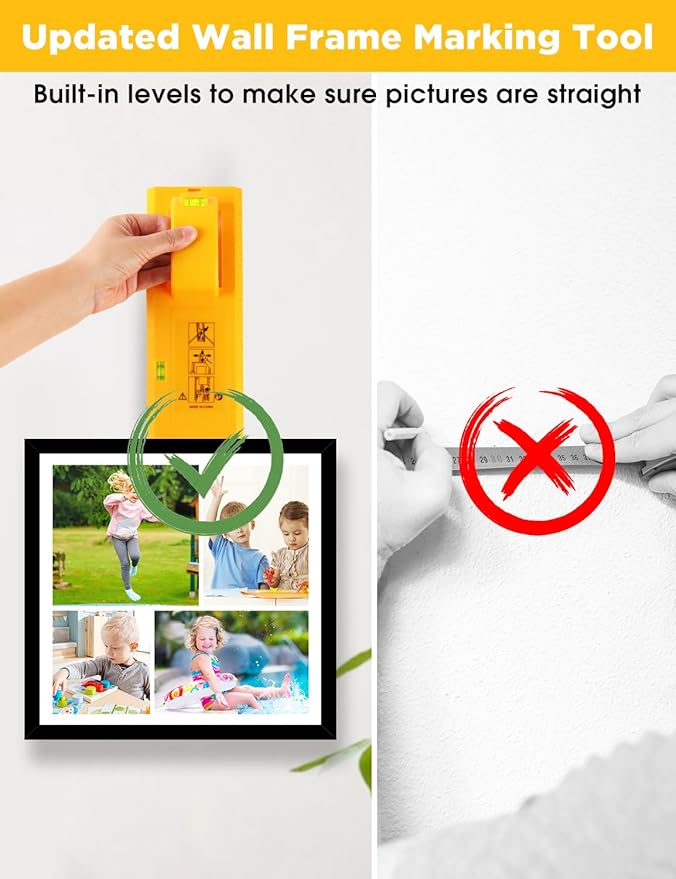 Picture Hanging Tool with Level, Goodsnova Photo Frame Hanging Tool for Easy Marking Position, Wall Hanger Helper Guide for Photo Art Painting Frame (Plastic, Yellow)