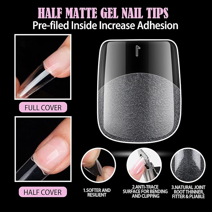Carmu Extra Short Gel Nails Tips, 240pcs Full Cover Half Matte Acrylic Tips, 12 Sizes Pre-Shaped Short Square Press on Nails False Clear Nail Tips for Nail Extension DIY Salon