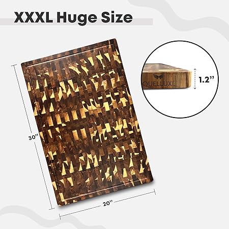 30" x 20" Acacia Wood End Grain Cutting Board Extra Large, XXXL Noodle Board Stove Cover, Heavy-Duty Butcher Block, 3XL Meat Chopping Board, Oversized Turkey Carving Board, Charcuterie Board