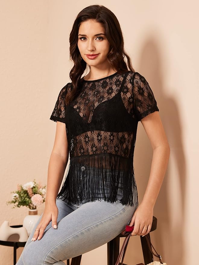 SweatyRocks Women's Fringe Trim Sheer Lace Short Sleeve Blouse Top Round Neck T Shirts
