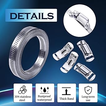 304 Stainless Steel Hose Clamp Assortment Kit,DIY 12FT Metal Strap 8 Stronger Fasteners,Adjustable Large Worm Gear Hose Clamps Screw Clamps for Pipe,Duct,Tube,and Fuel Line