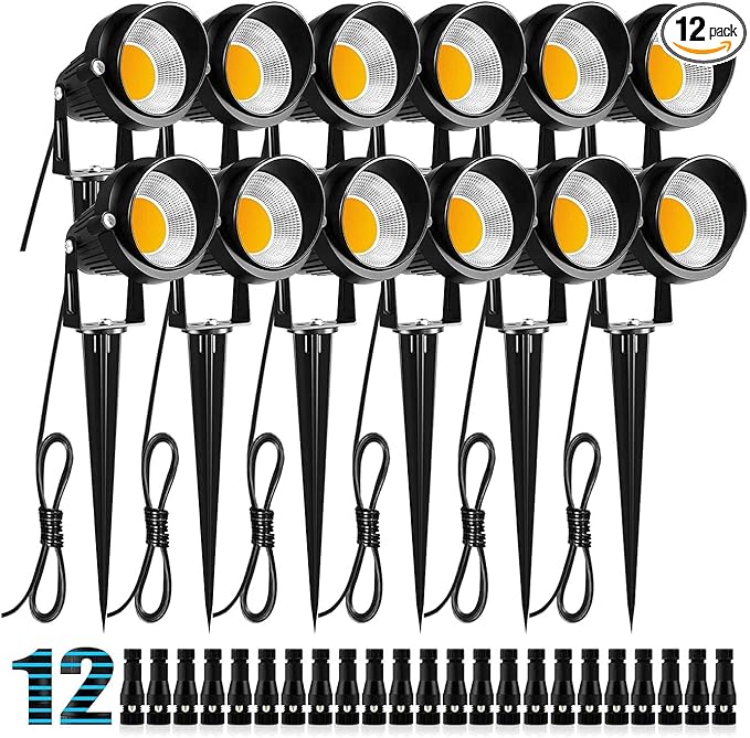 ZUCKEO 10W Landscape Lighting Low Voltage LED Landscape Lights, IP66 Waterproof Landscape Spotlights Yard Lawn Garden Outdoor Lights 12V 24V 1000LM Warm White (12Pack with Connectors)