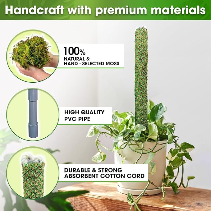 DUSPRO Self-Watering Natural Green Forest Moss Pole, Easy to Use Moss Sticks for Indoor Plants, Climbing Plant Support Stake with Self-Watering Feature, Moss Pole Monstera Plant Support 2pcs 17''